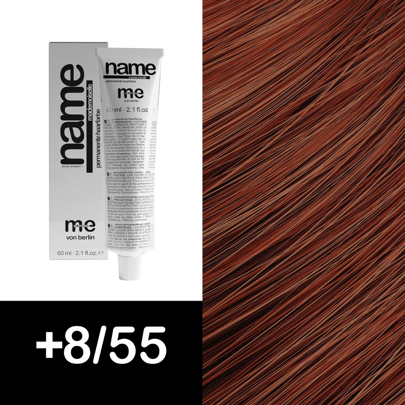 MEMADEMOISELLE Vopsea cremă permanentă NAME FASHION SHADES — nuanțe fashion — +8/55 — Blond deschis / mahon, intens - Imagine 1