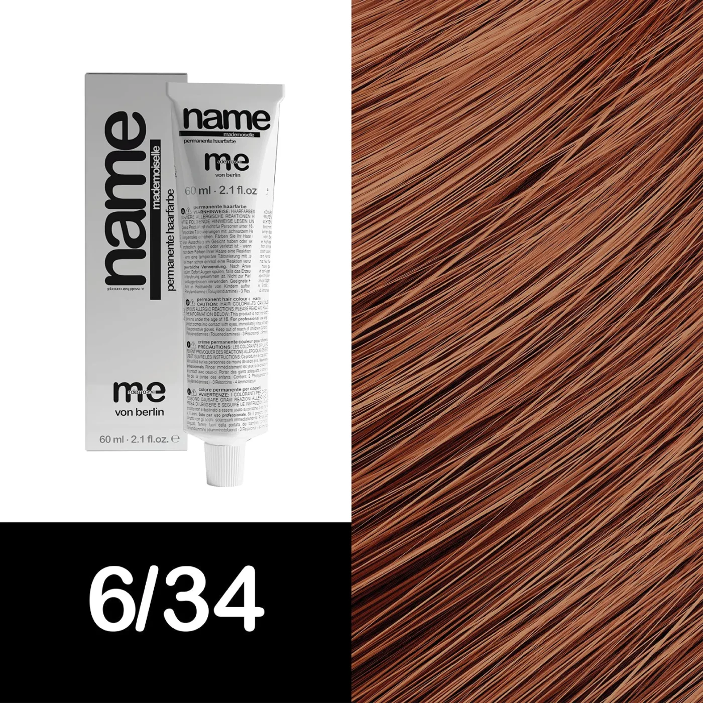 MEMADEMOISELLE Vopsea cremă permanentă NAME GOLD — nuanțe aurii — 6/34 — Blond închis / auriu, roșu - Imagine 1
