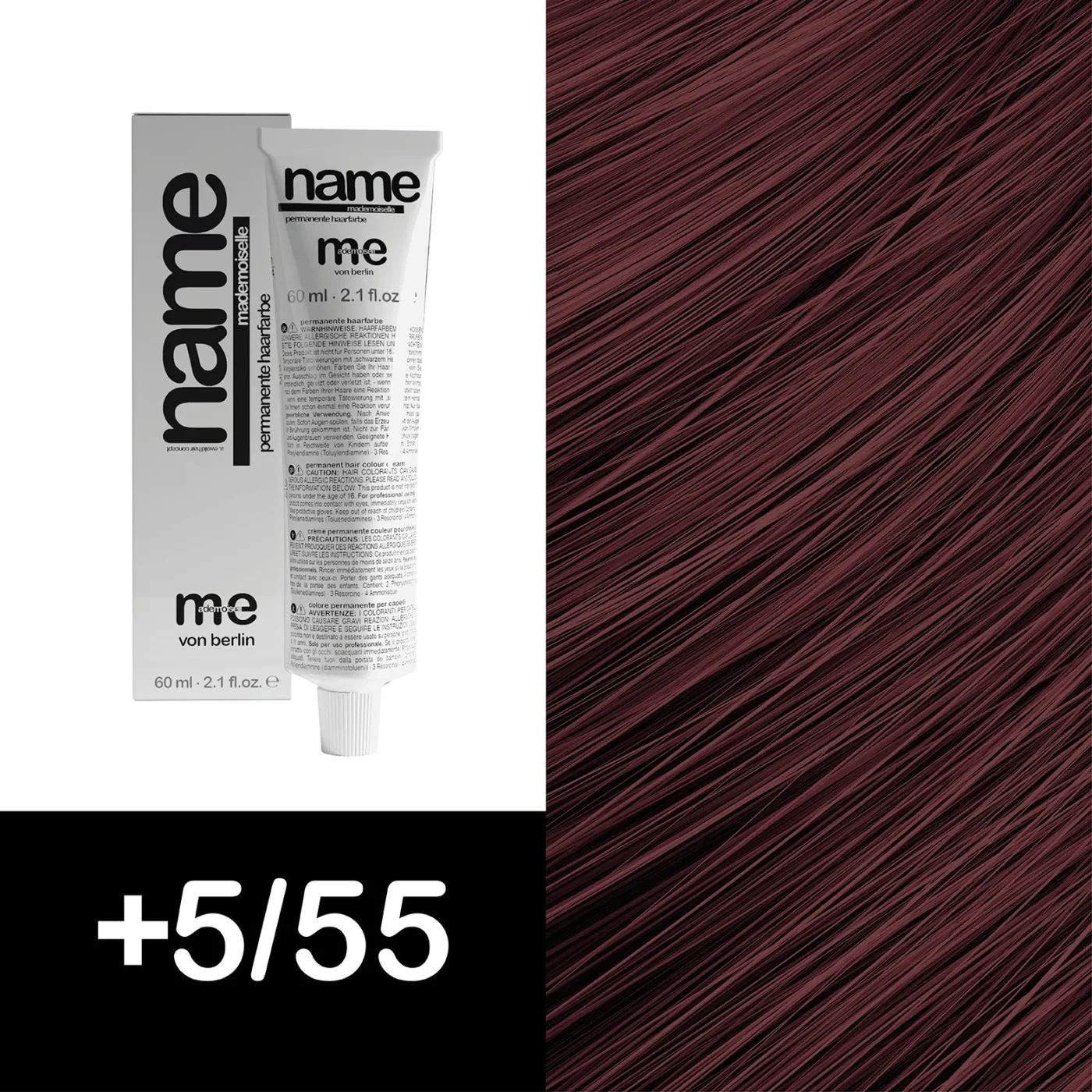 MEMADEMOISELLE Vopsea cremă permanentă NAME FASHION SHADES — nuanțe fashion — +5/55 — Șaten deschis / mahon, intens - Imagine 1